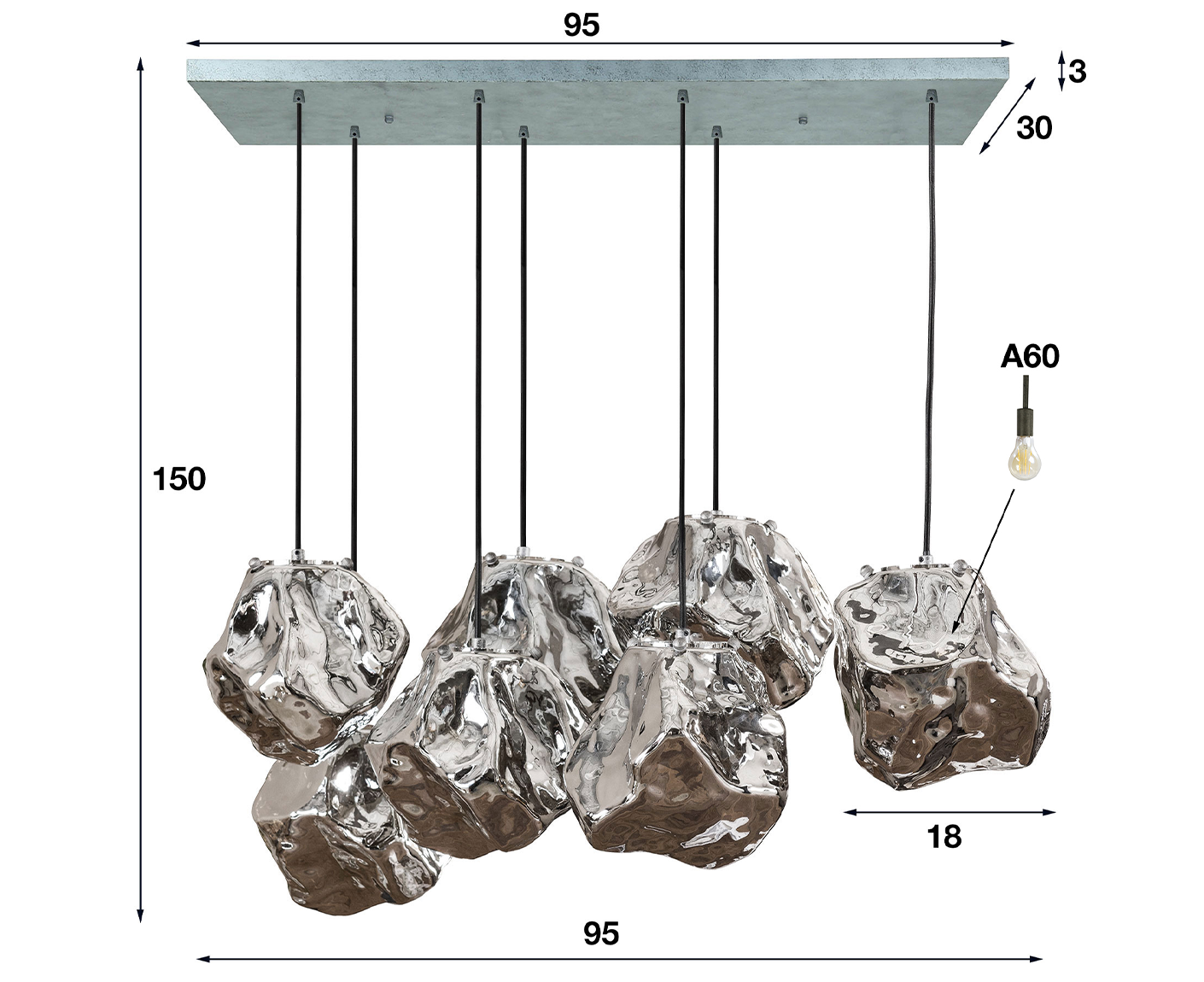 Hängelampe 4+3L Rock, verchromtes Glas