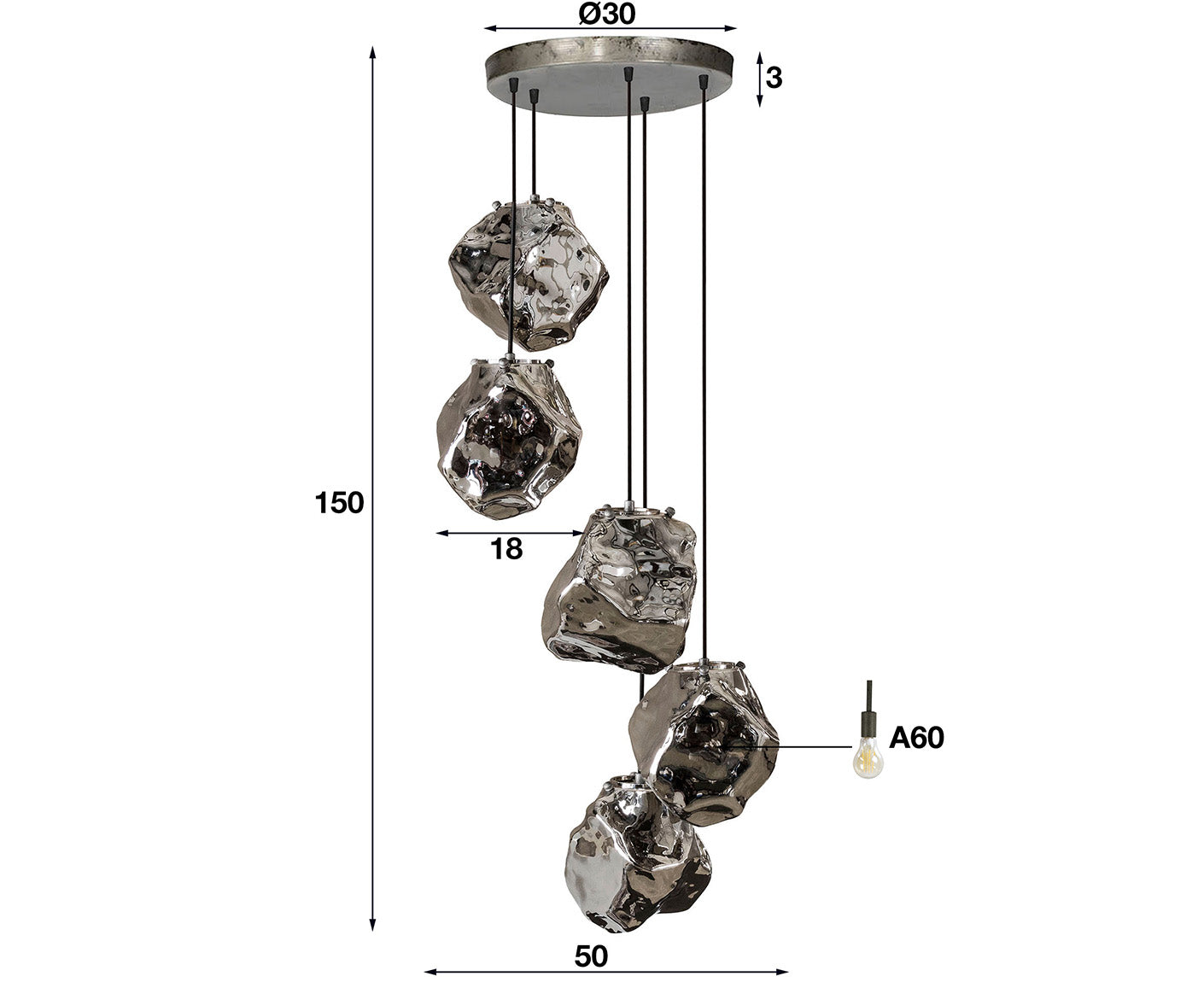 Hängelampe 5L Rock, verchromtes Glas