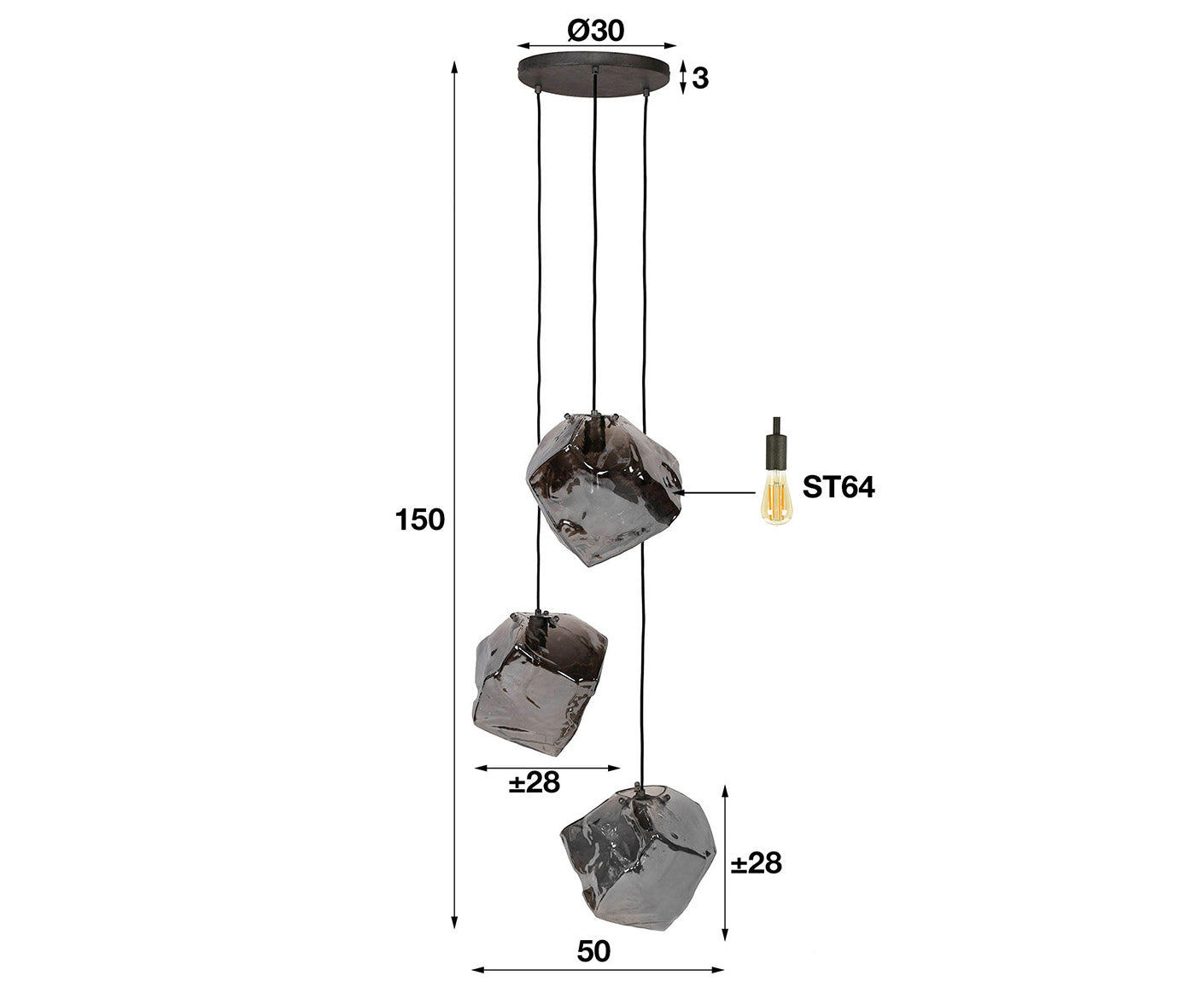 Hängelampe 3L Rock, verchromtes Glas