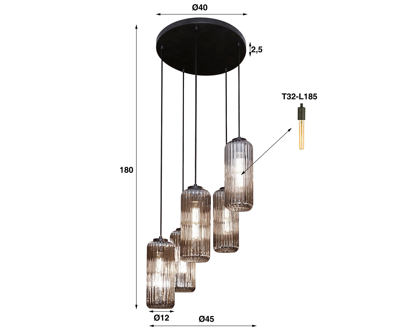 Hängelampe 5L Zylinder Ripped, Chrom / Glas