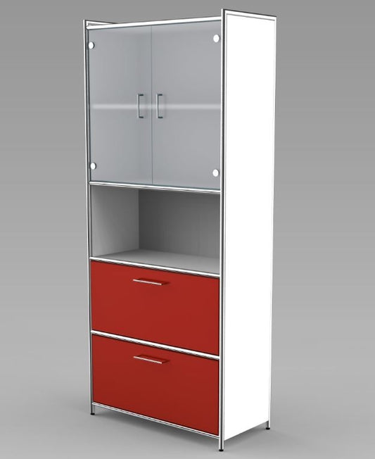 ARTLINE Kombischrank 5OH Aktenschrank Schrank Büroschrank Büroregal Weiß/Rot/Glas