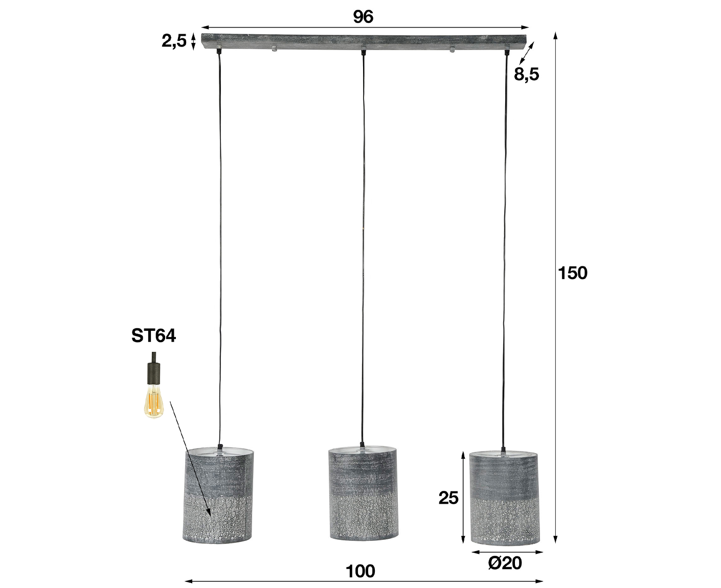 Hängelampe 3L Zylinder, Grau