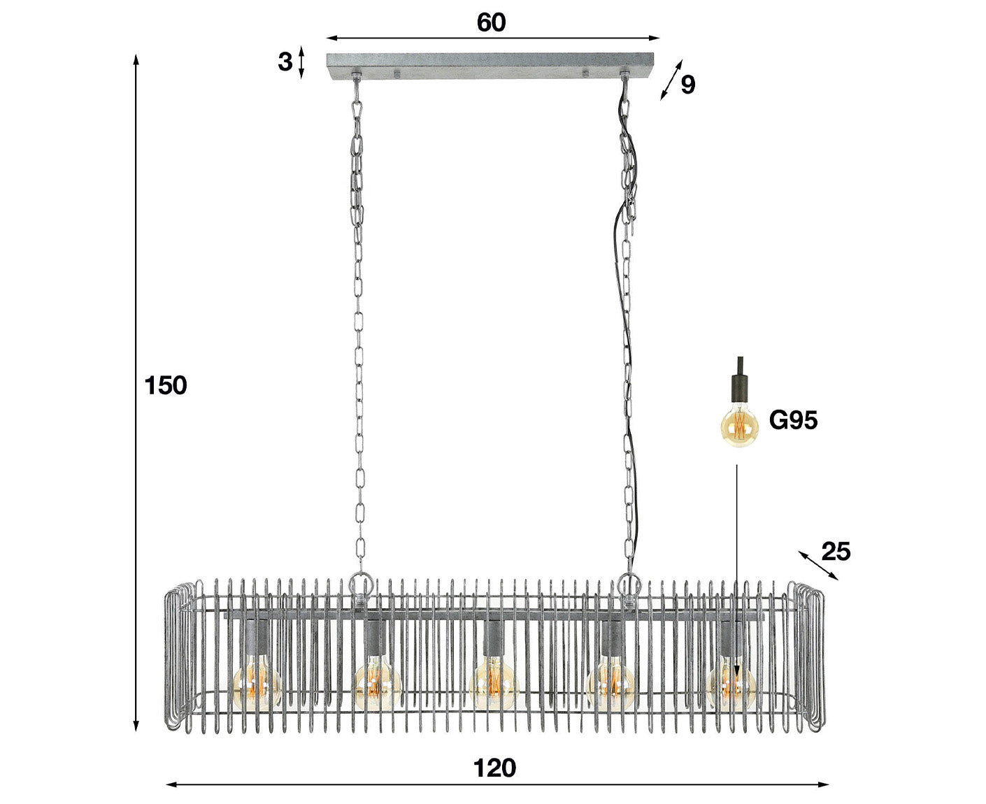 Hängelampe 5L Trax, Antik Silber