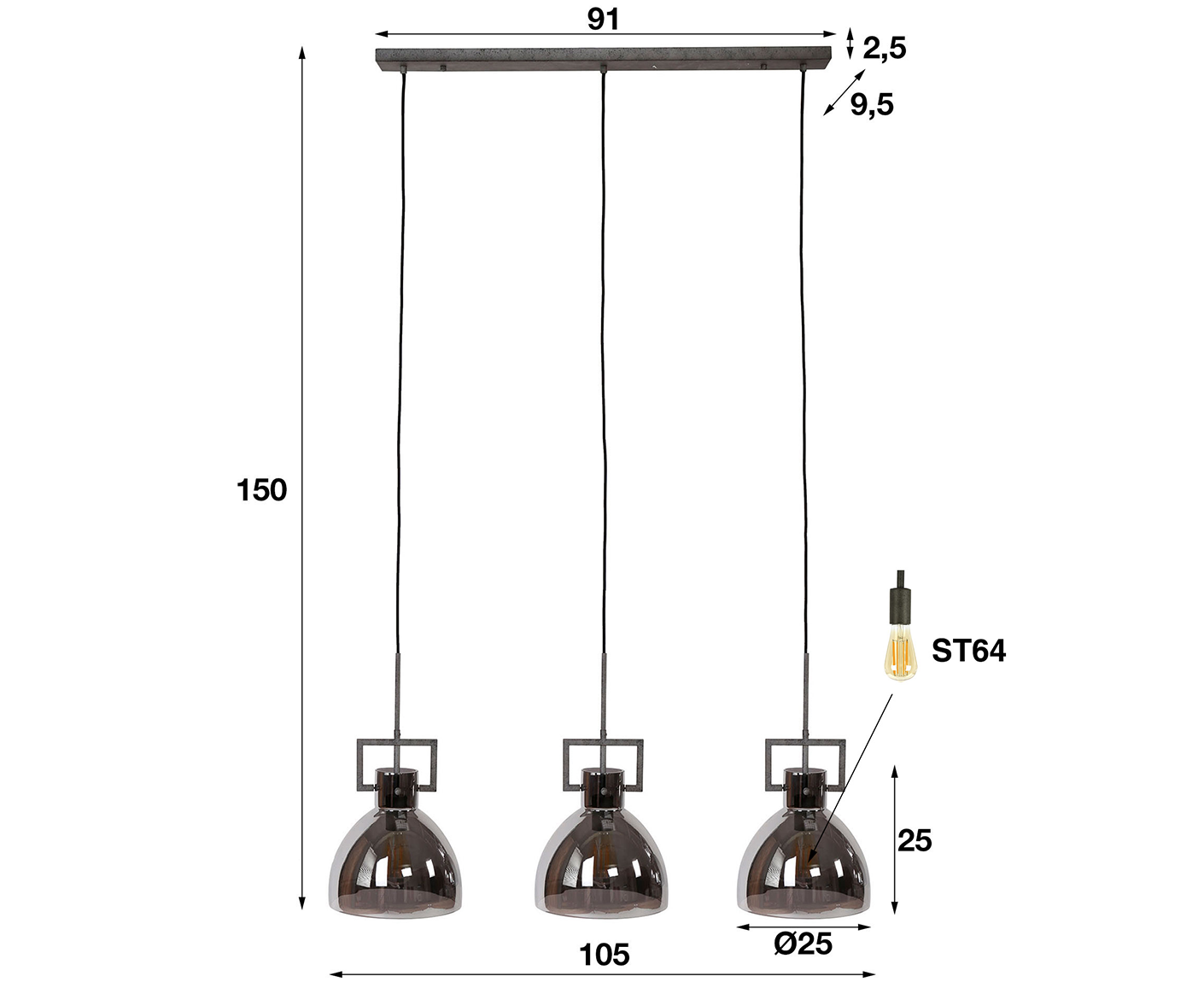 Hängelampe 3L Industy, Chrom / Glas