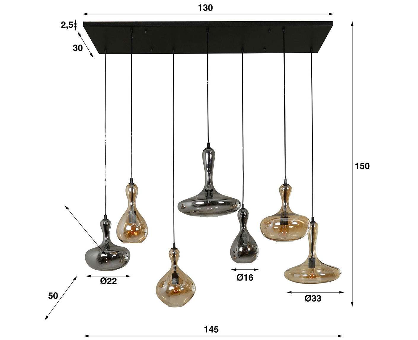 Hängelampe 4+3L Karaf, Antik Schwarz