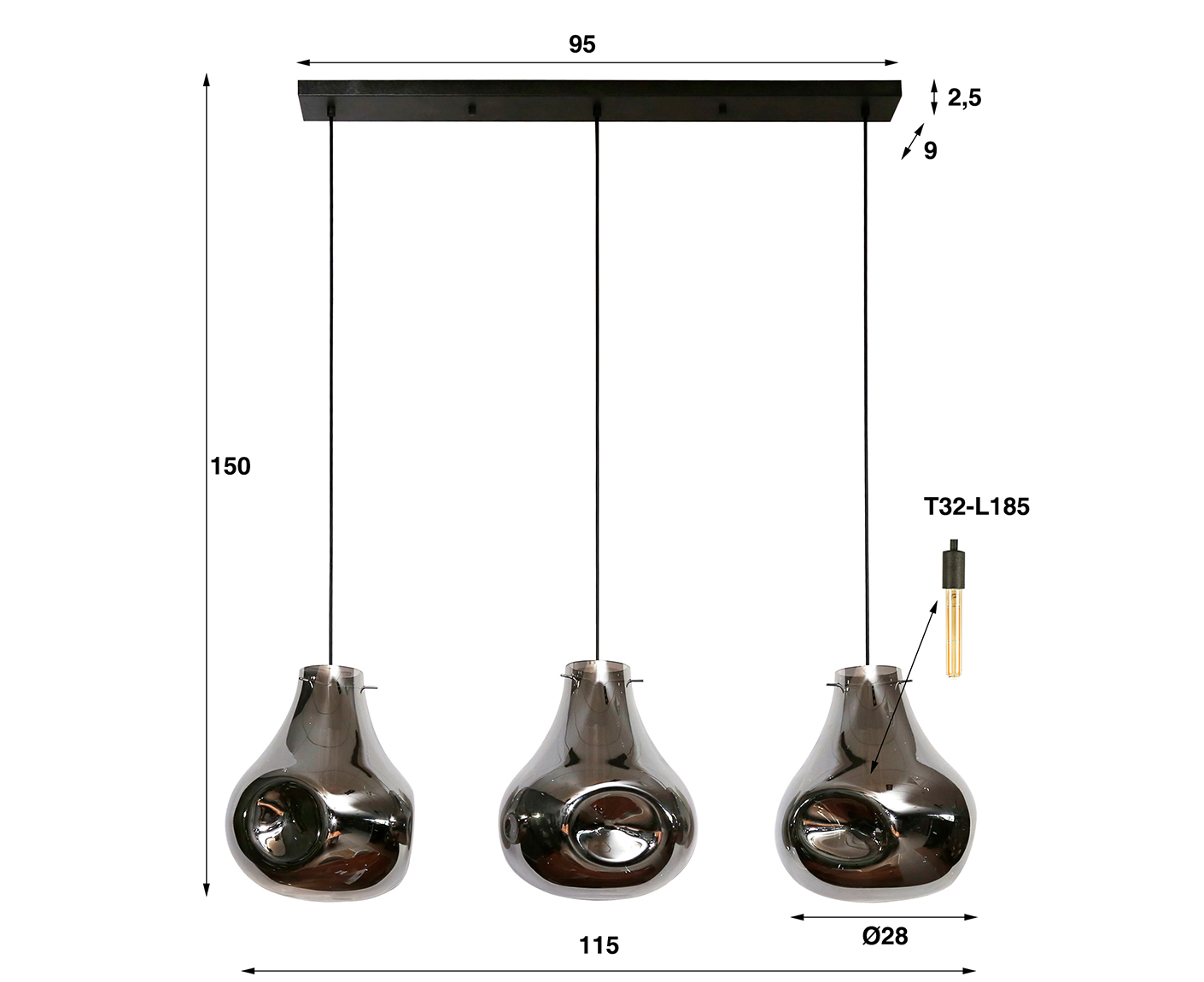 Hängelampe 3L Dent Glass, Schwarz