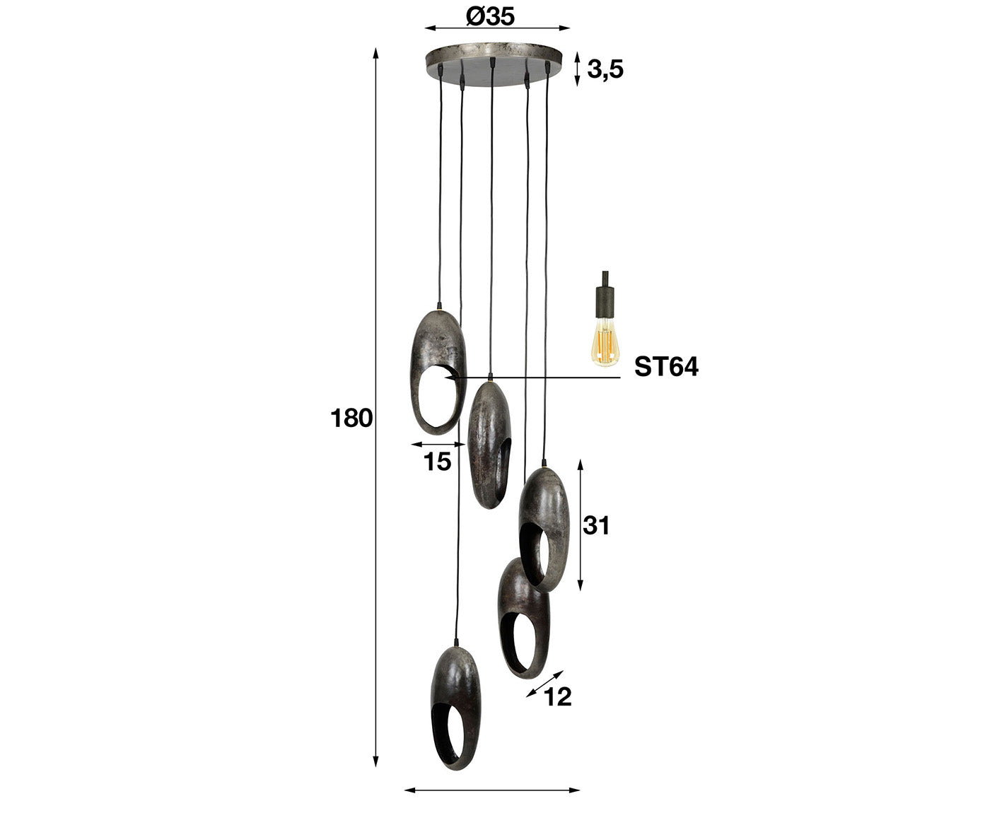 Hängelampe 5L Open Eye, Antik Silber