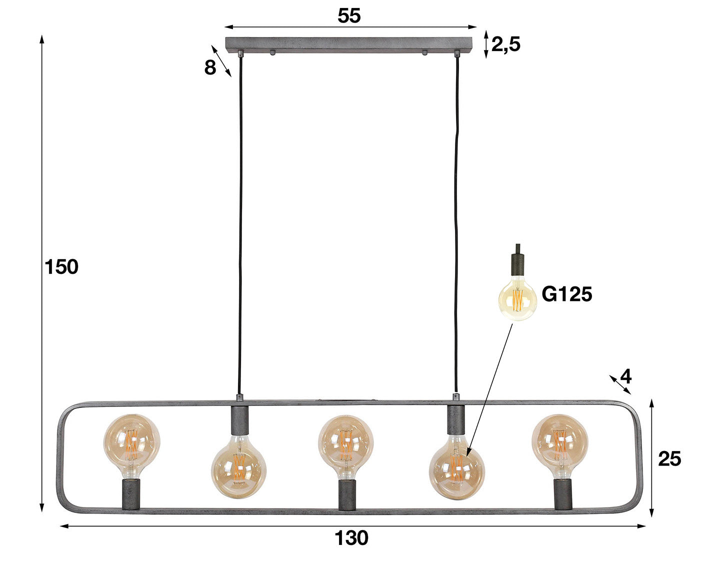 Hängelampe 5L Strip, Antik Silber