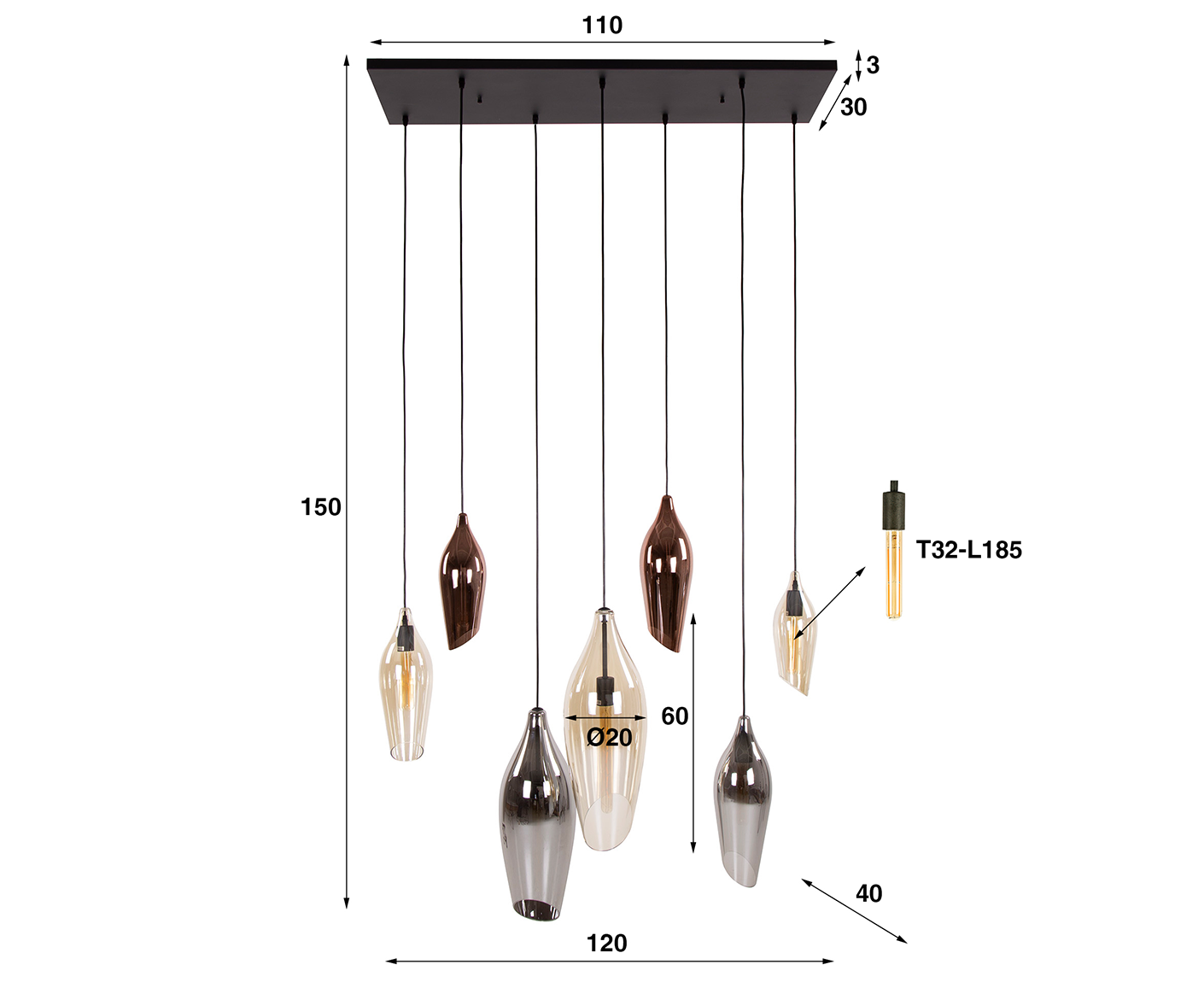 Hängelampe 4+3 Cocoon Mix glass / Schwarz