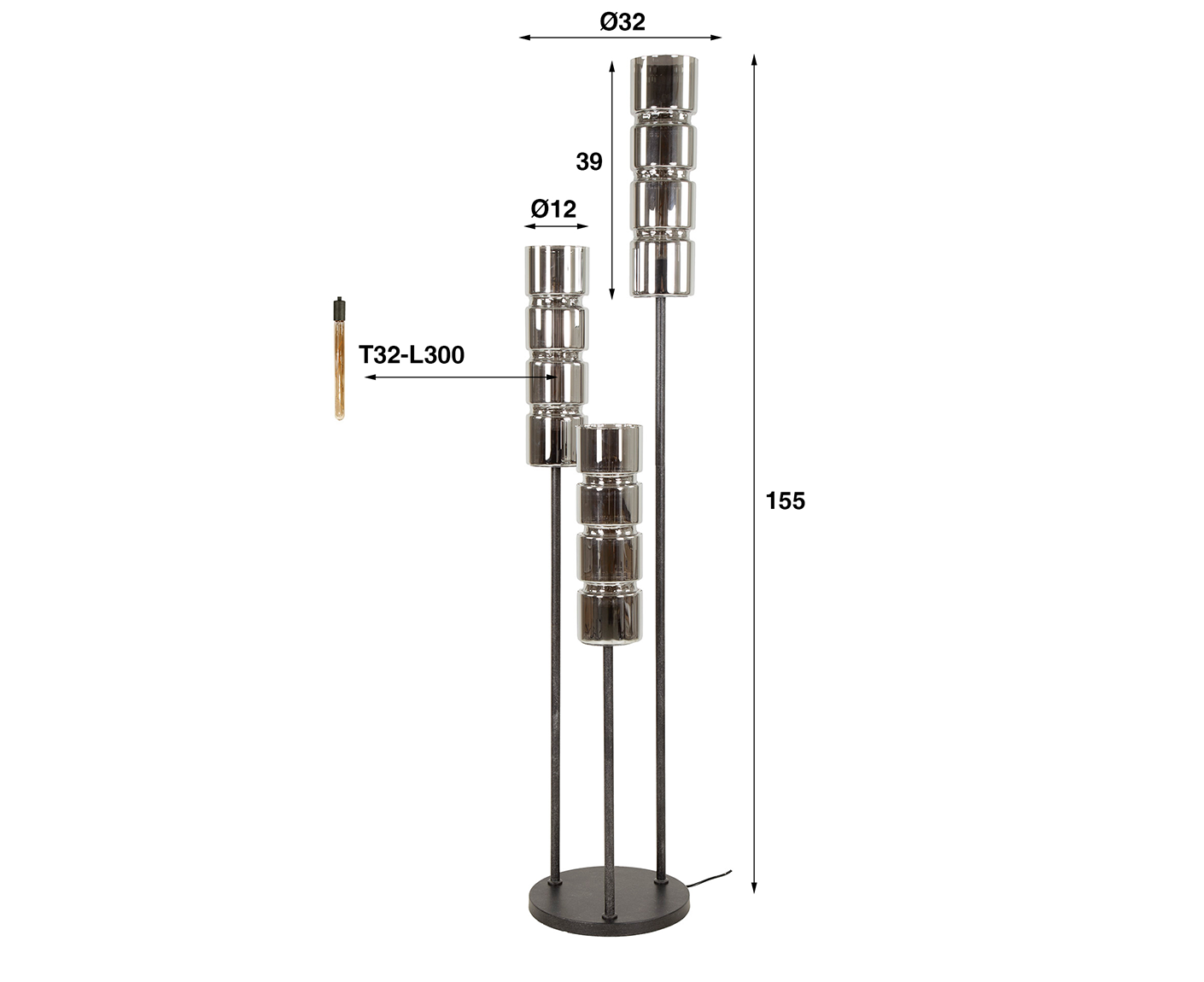 Stehlampe 3L gestuft Cylinder Glass / Artic Schwarz