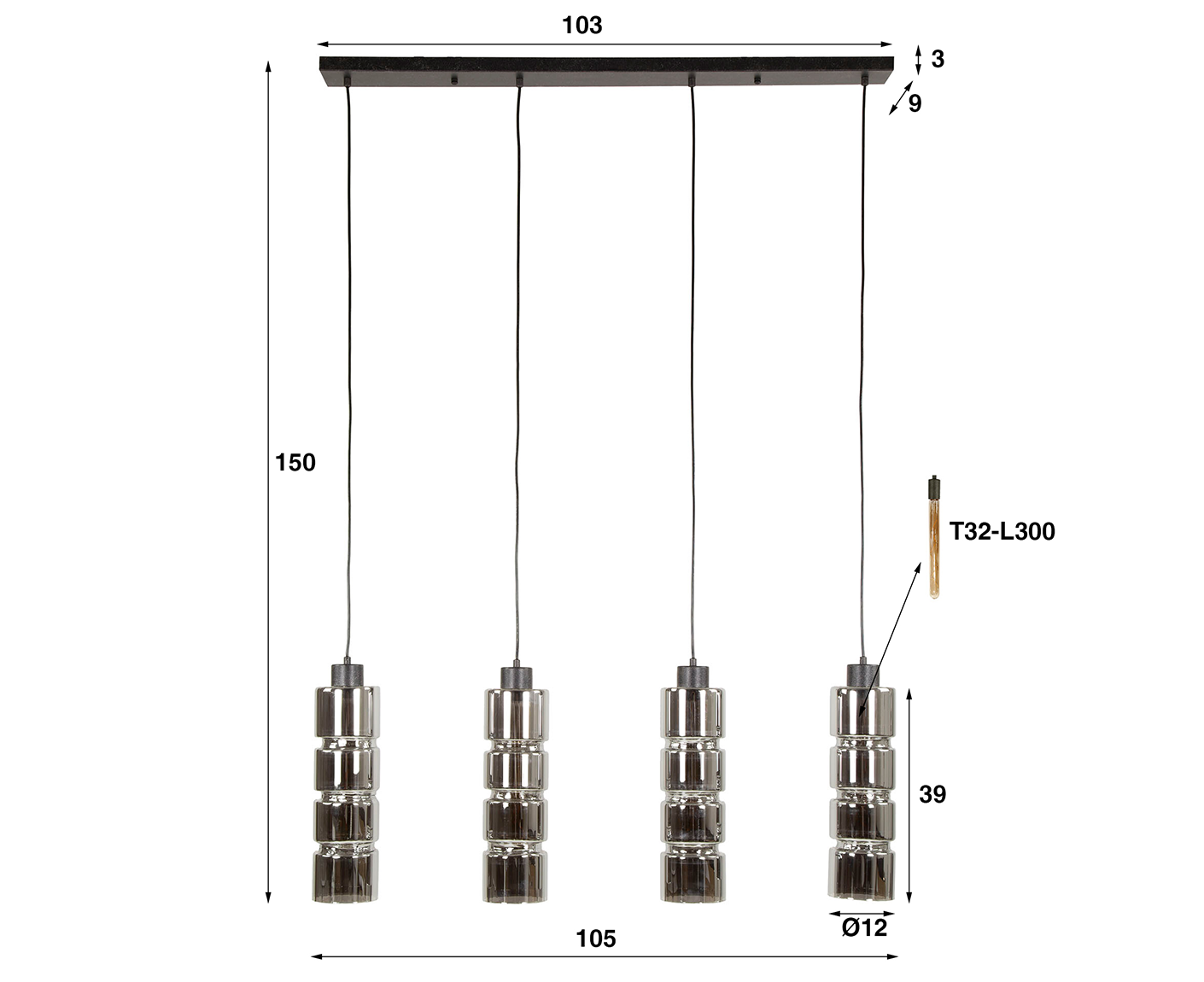 Hängelampe 4L Cylinder Glass / Artic Schwarz