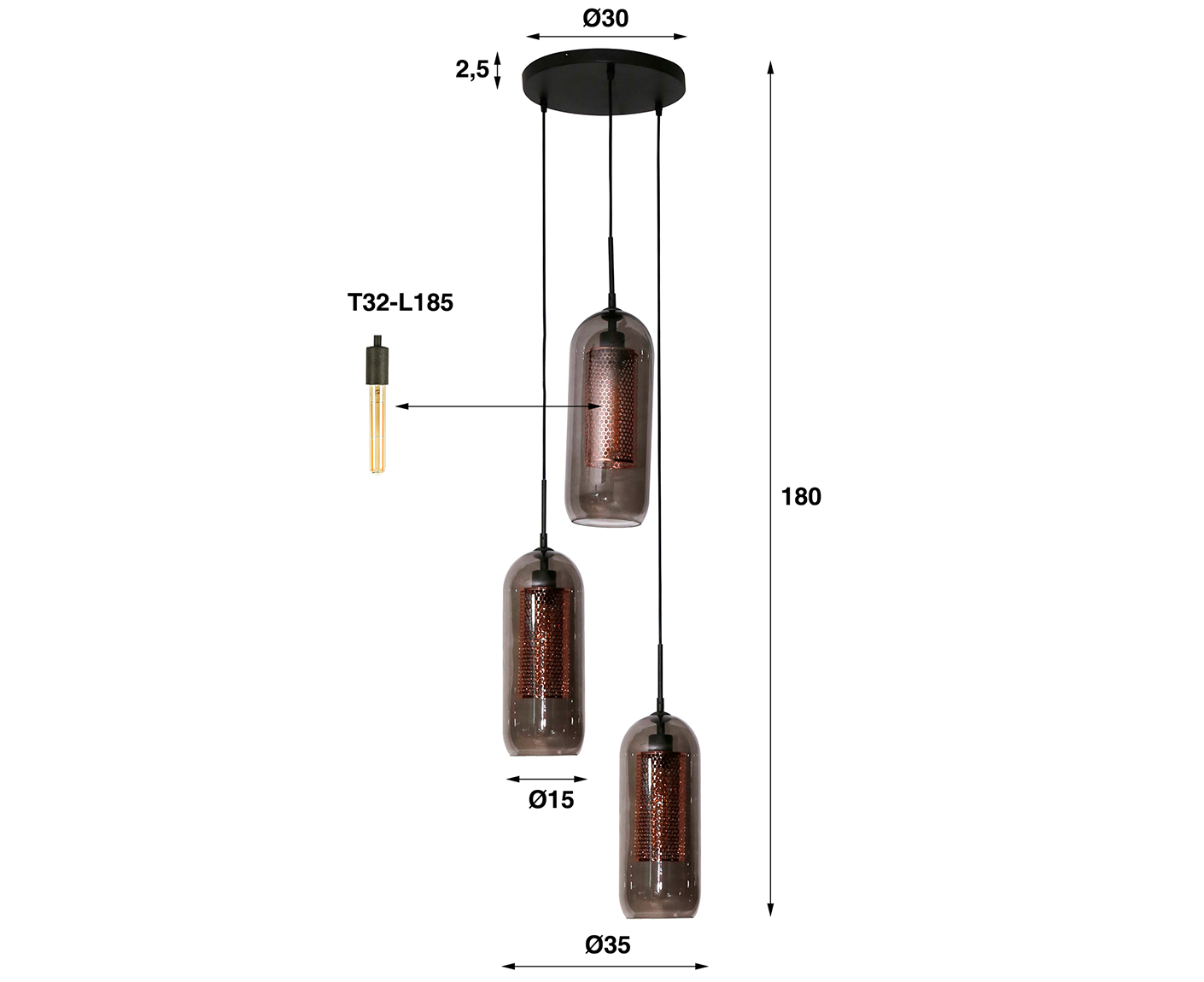 Hängelampe 3L Smoke Glass-perforierter Stahl gestuft / Artic Schwarz