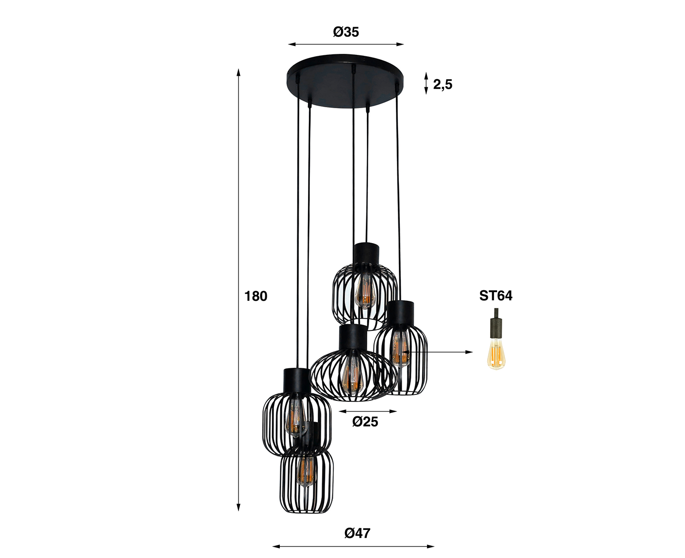 Hängelampe 5L Mix Metal gestuft / Charcoal