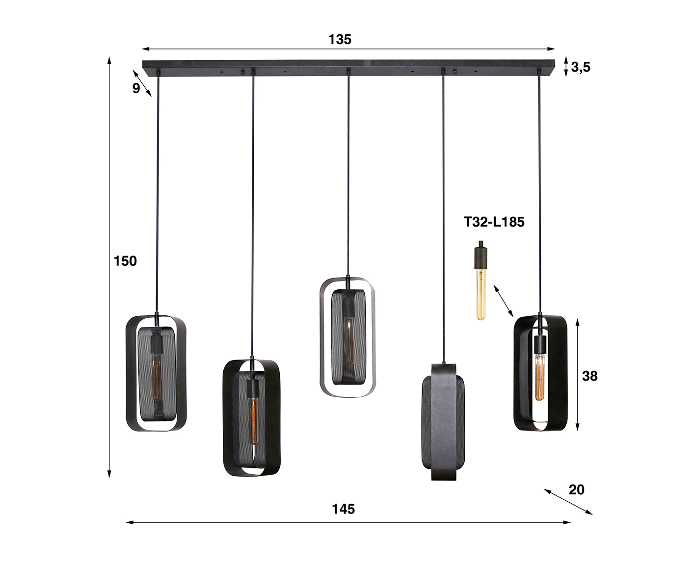 Hängelampe 5L Mesh Rotate / Artic Schwarz