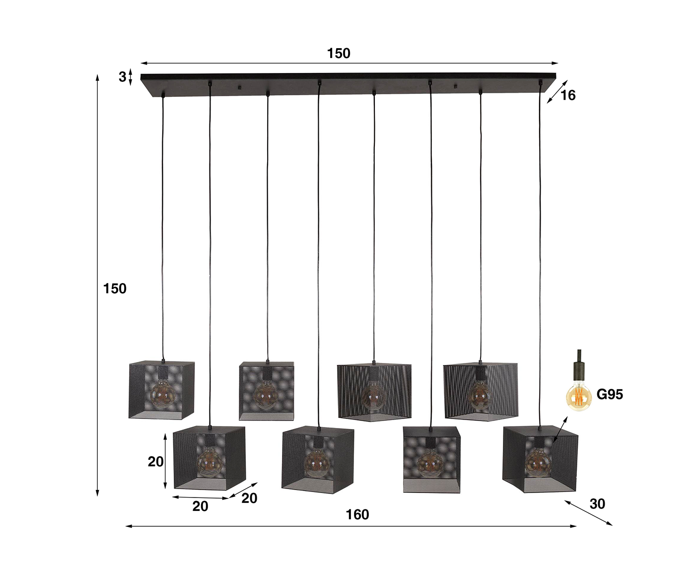 Hängelampe 8L Block Mesh / Artic Schwarz