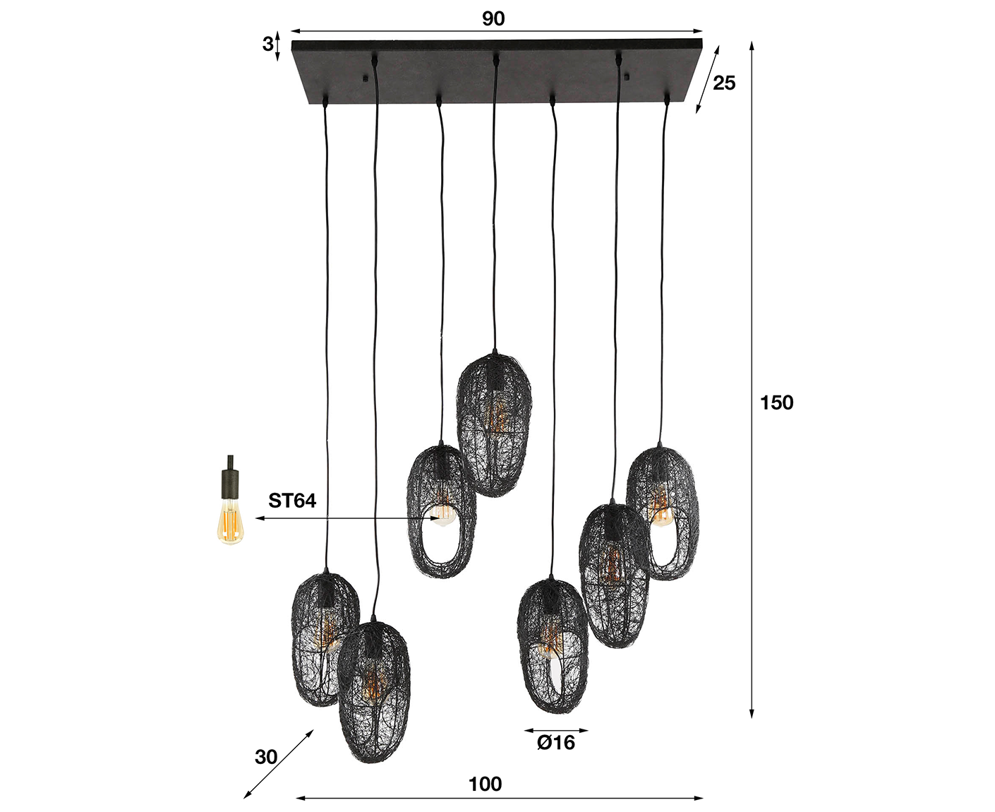 Hängelampe 4+3 Wire / Artic Schwarz