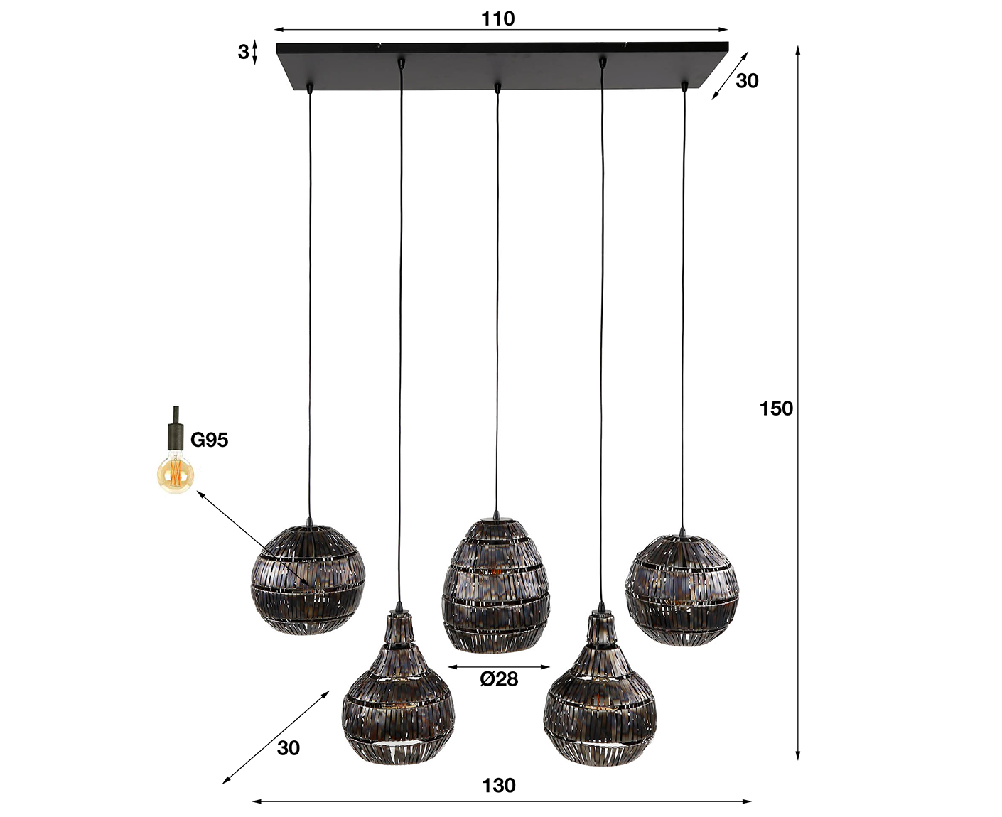 Hängelampe 5L Strip Multi Shade / Schwarz-Braun