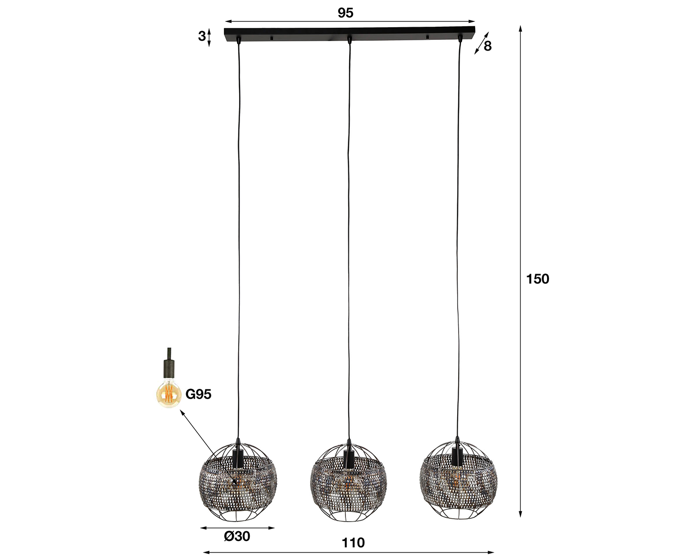 Hängelampe 3L 30 cm Armor Open / Schwarz-Braun