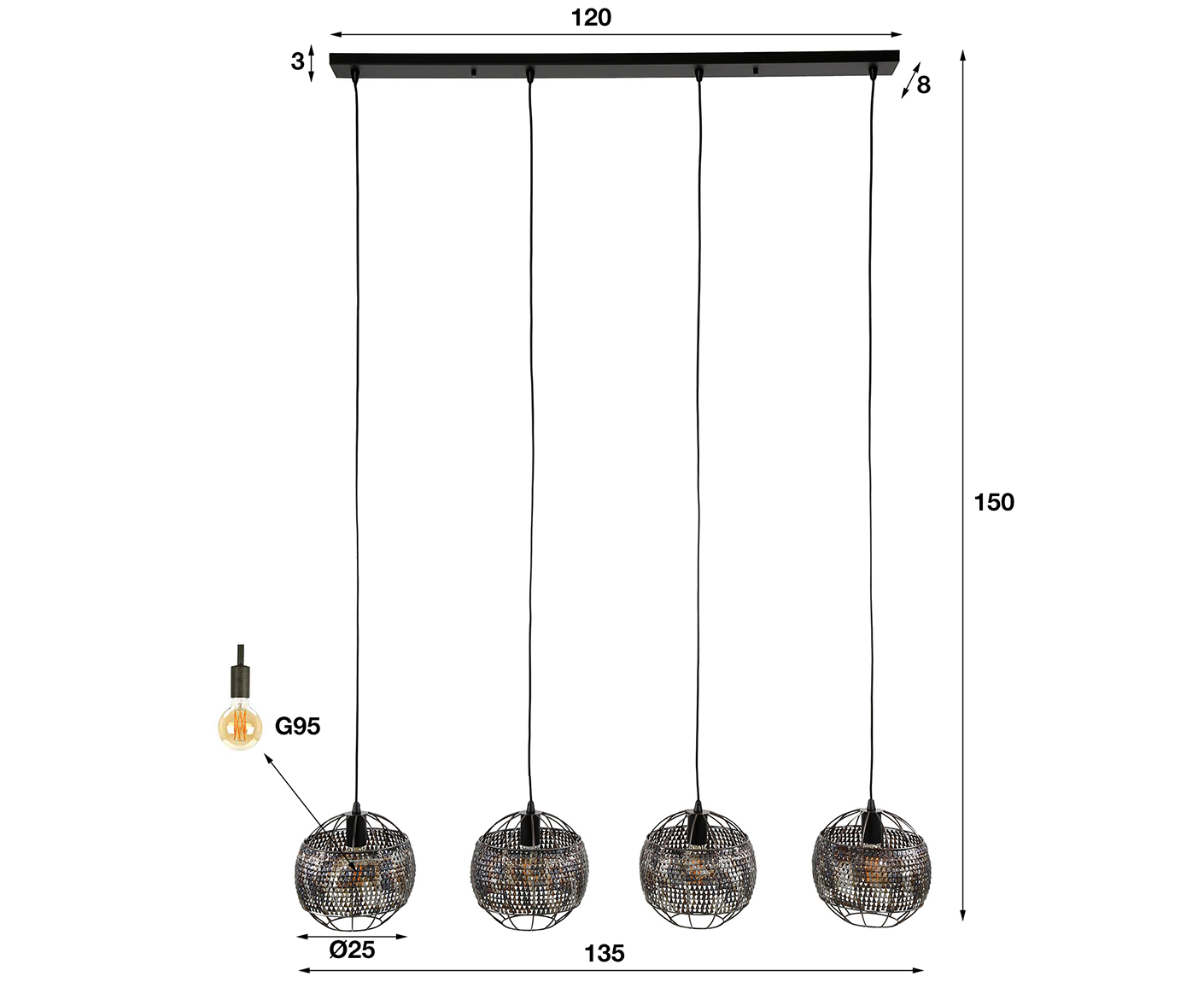 Hängelampe 4L 25 cm Armor Open / Schwarz-Braun