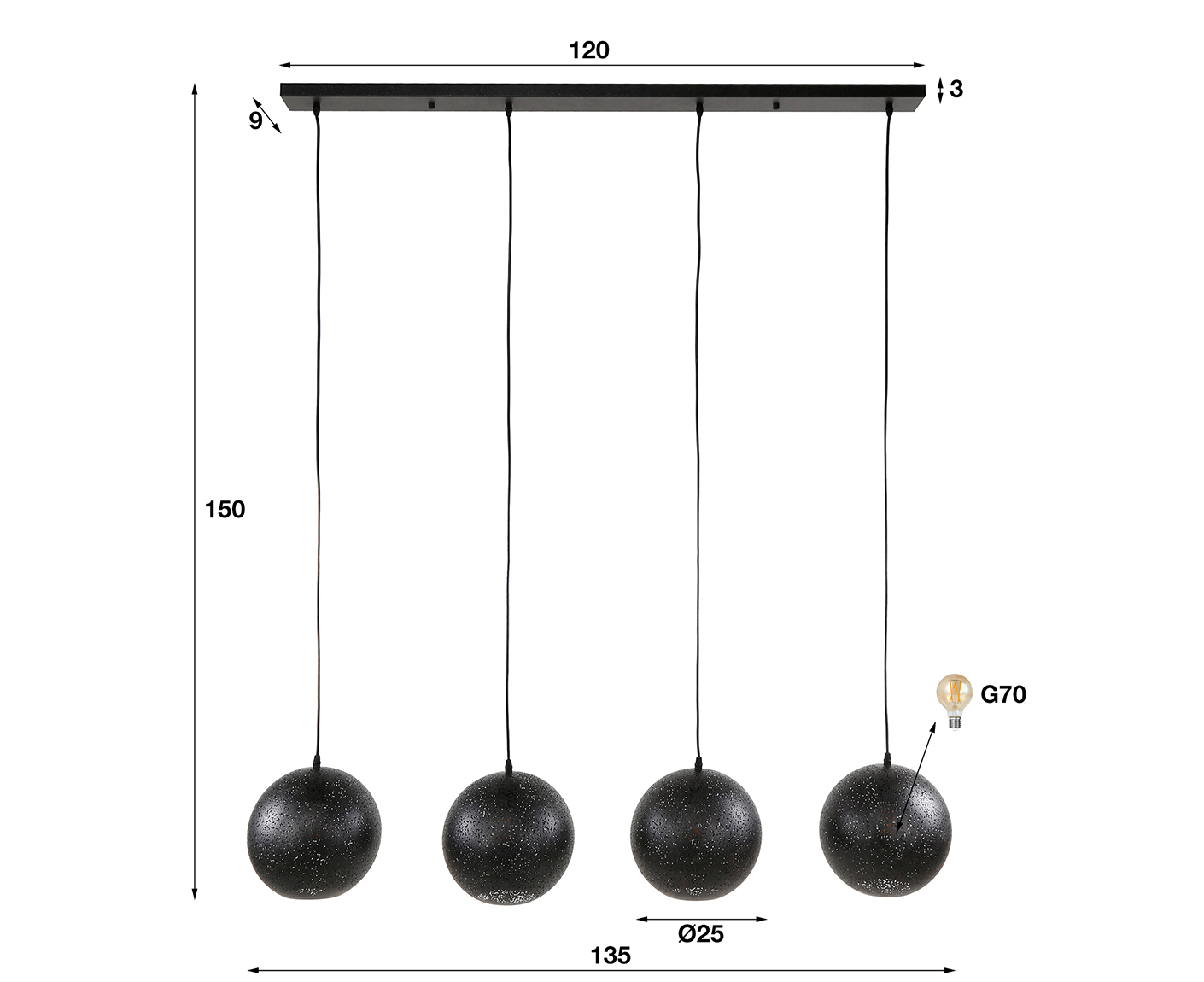 Hängelampe 4x 25 cm / Artic Schwarz