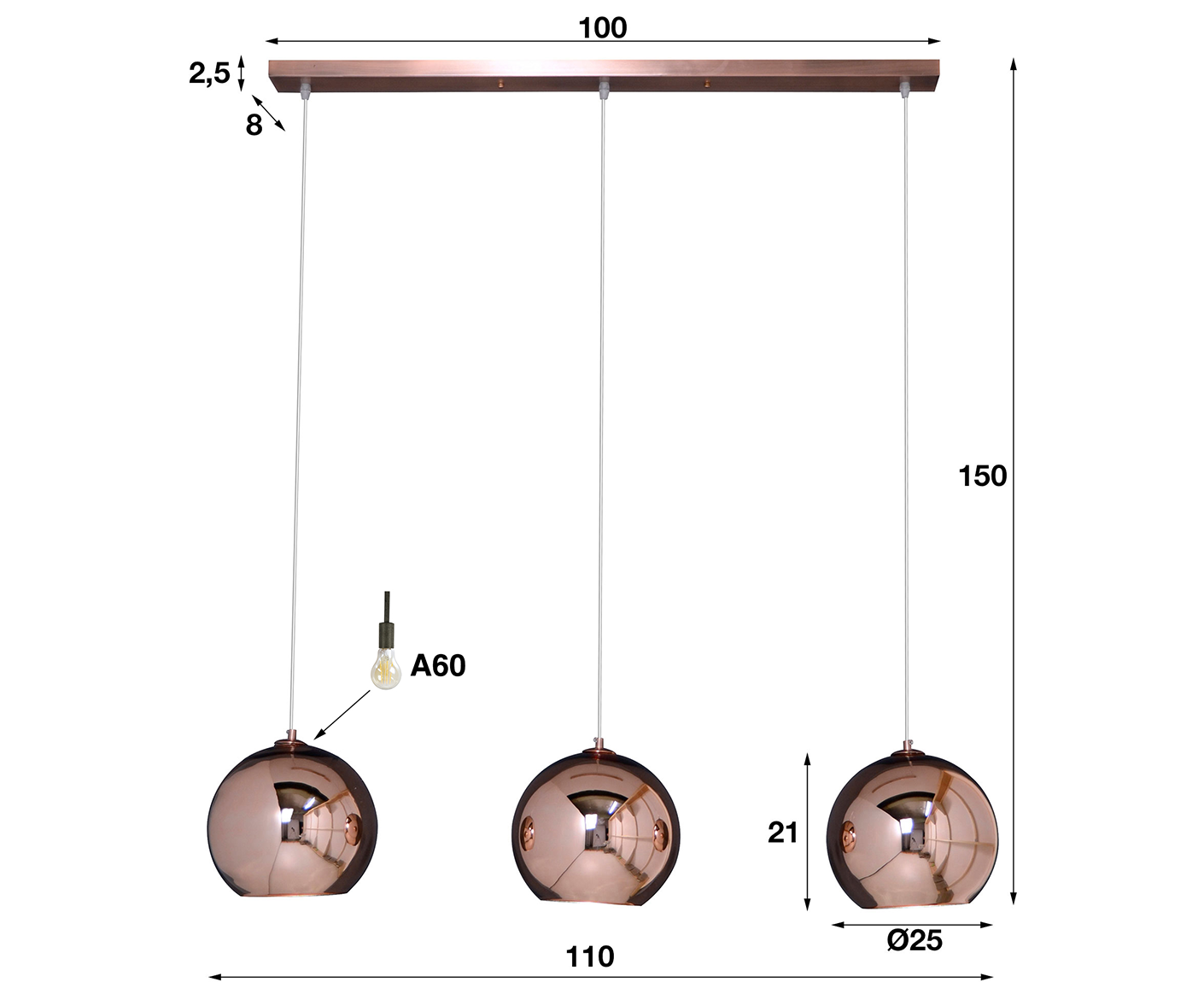 Hängelampe 3L Globe / Kupfer