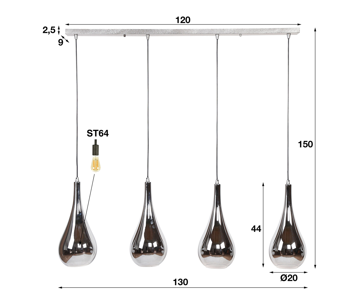 Hängelampe 4L Silver Drop Glass / Chromed Glass