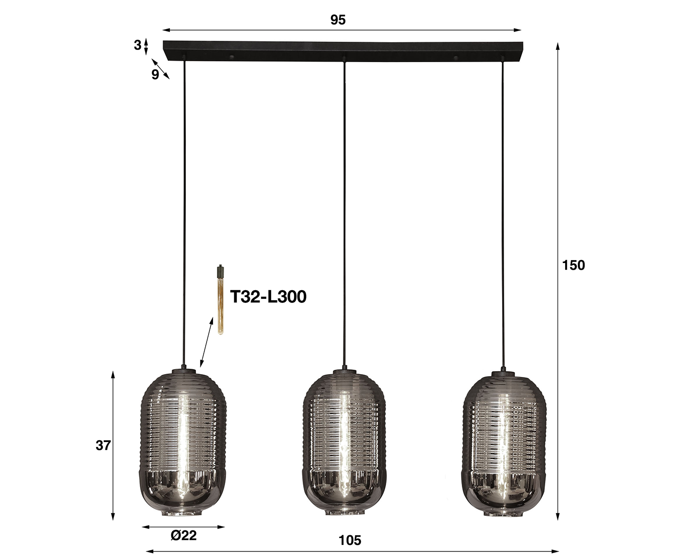 Hängelampe 3L Tub Chromed Glass