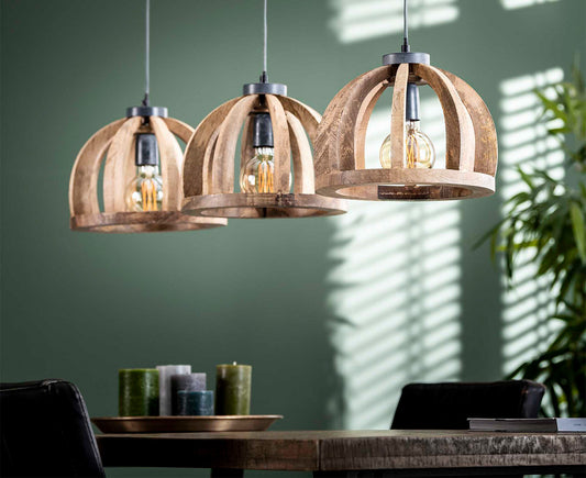 Hängelampe 30 cm mit gebogenen Holzstangen Mango Massivholz Natur