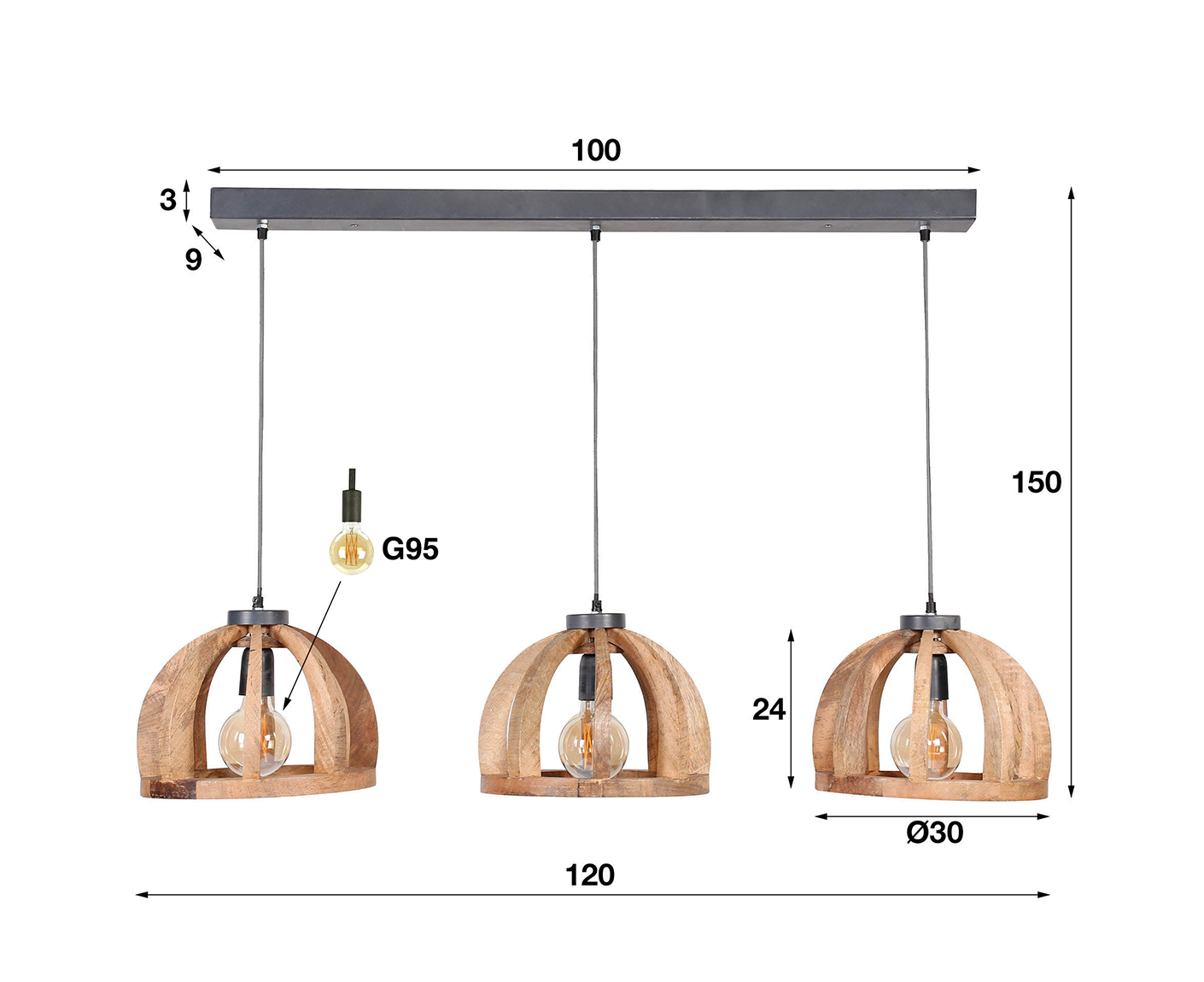 Hängelampe 30 cm mit gebogenen Holzstangen Mango Massivholz Natur