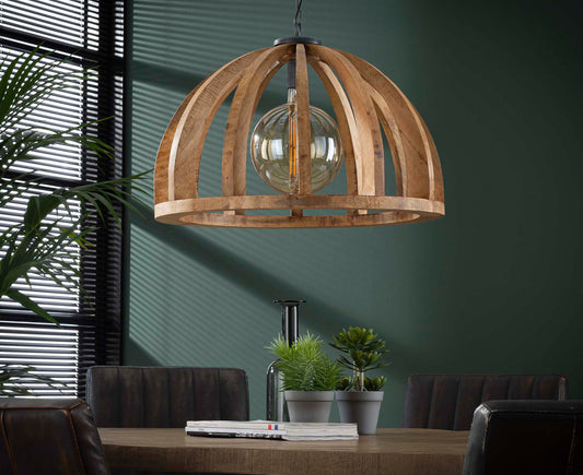 Hängeleuchte 60 cm mit gebogenen Holzleisten Mango Massivholz Natur