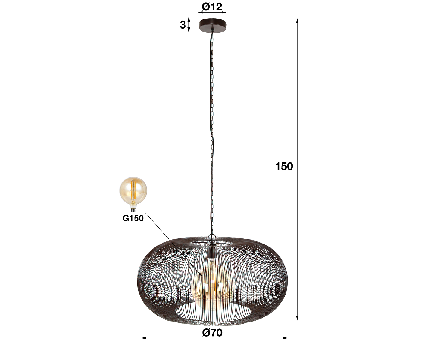 Hängelampe 70 cm Copper Twist / Schwarz Nickel