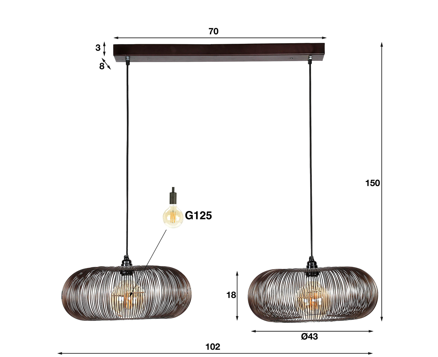 Hängelampe 2er Set 43 cm rund Kupfer Twist / Schwarz Nickel