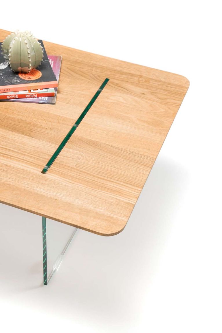Montreal Couchtisch Eiche Massiv 20mm mit Glasuntergestell
