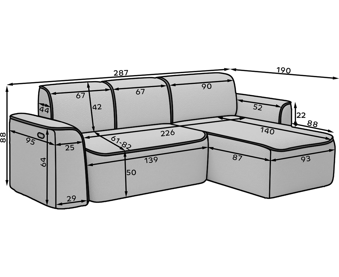 Ume Ecksofa 287x190 cm, inkl. elektrischer Sitztiefenverstellung