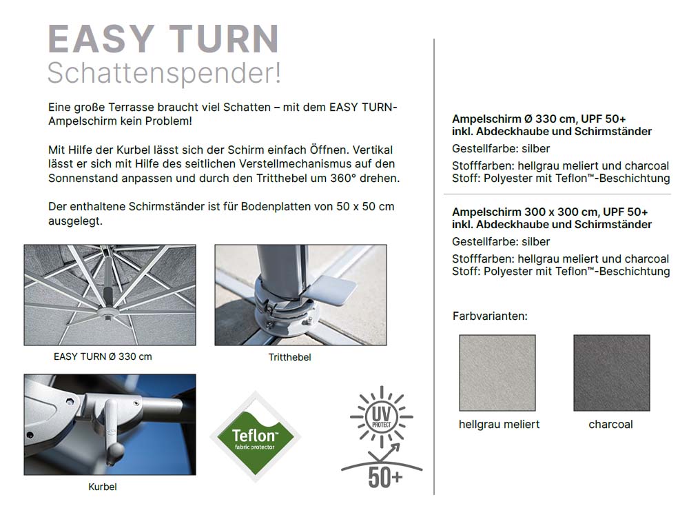 Kettler Easy Turn Ampelschirm Ø 330 cm inkl. Abdeckhaube Silber / Hellgrau - Voelpe