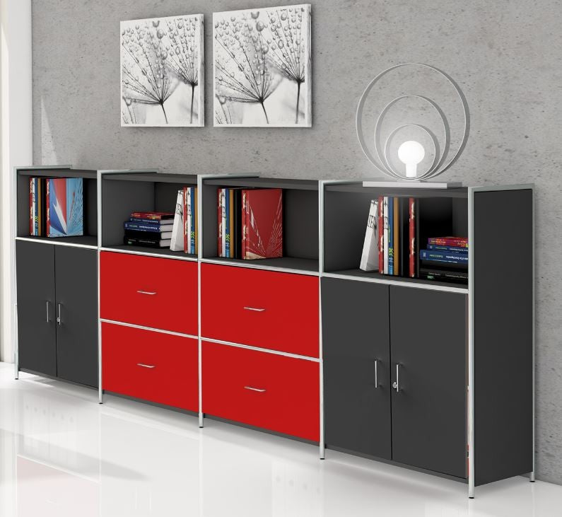 ARTLINE TYP14 Highboard 3 OH Regal Sideboard Büroregal Regalwand Anthrazit/Rot