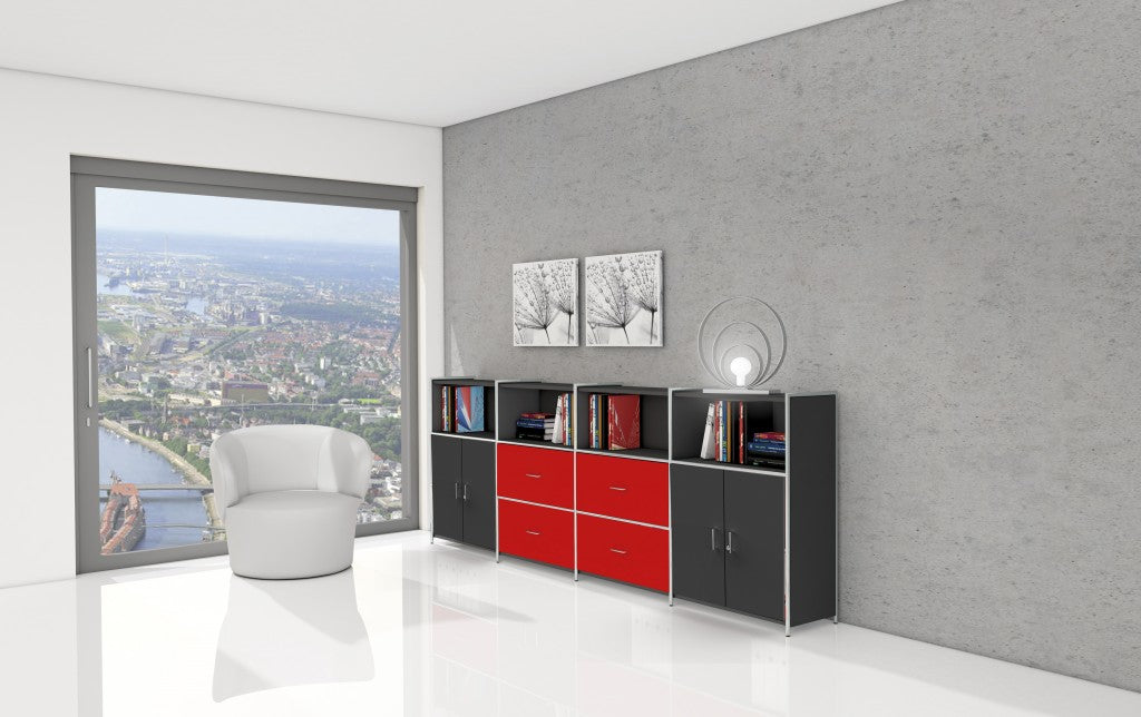 ARTLINE TYP14 Highboard 3 OH Regal Sideboard Büroregal Regalwand Anthrazit/Rot