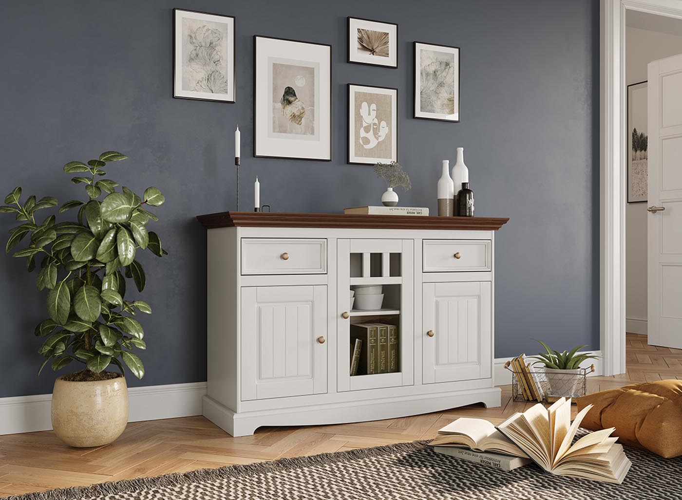 Belluno Elegante Massivholz Sideboard mit Glastür Weiß / Walnuss