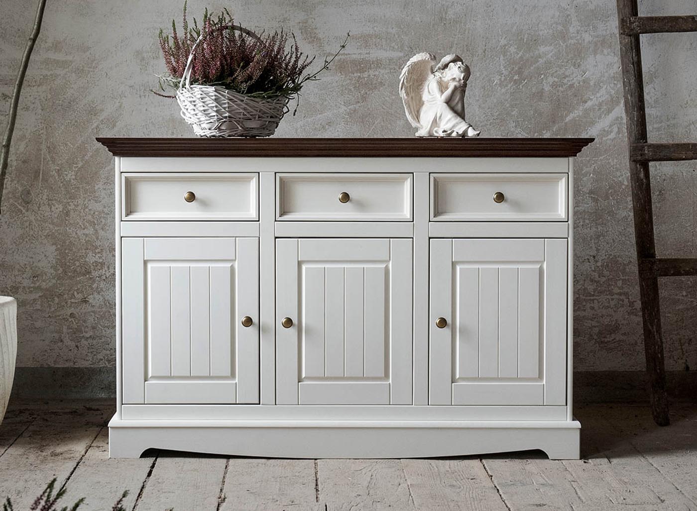 Belluno Elegante Massivholz Sideboard Weiß / Walnuss