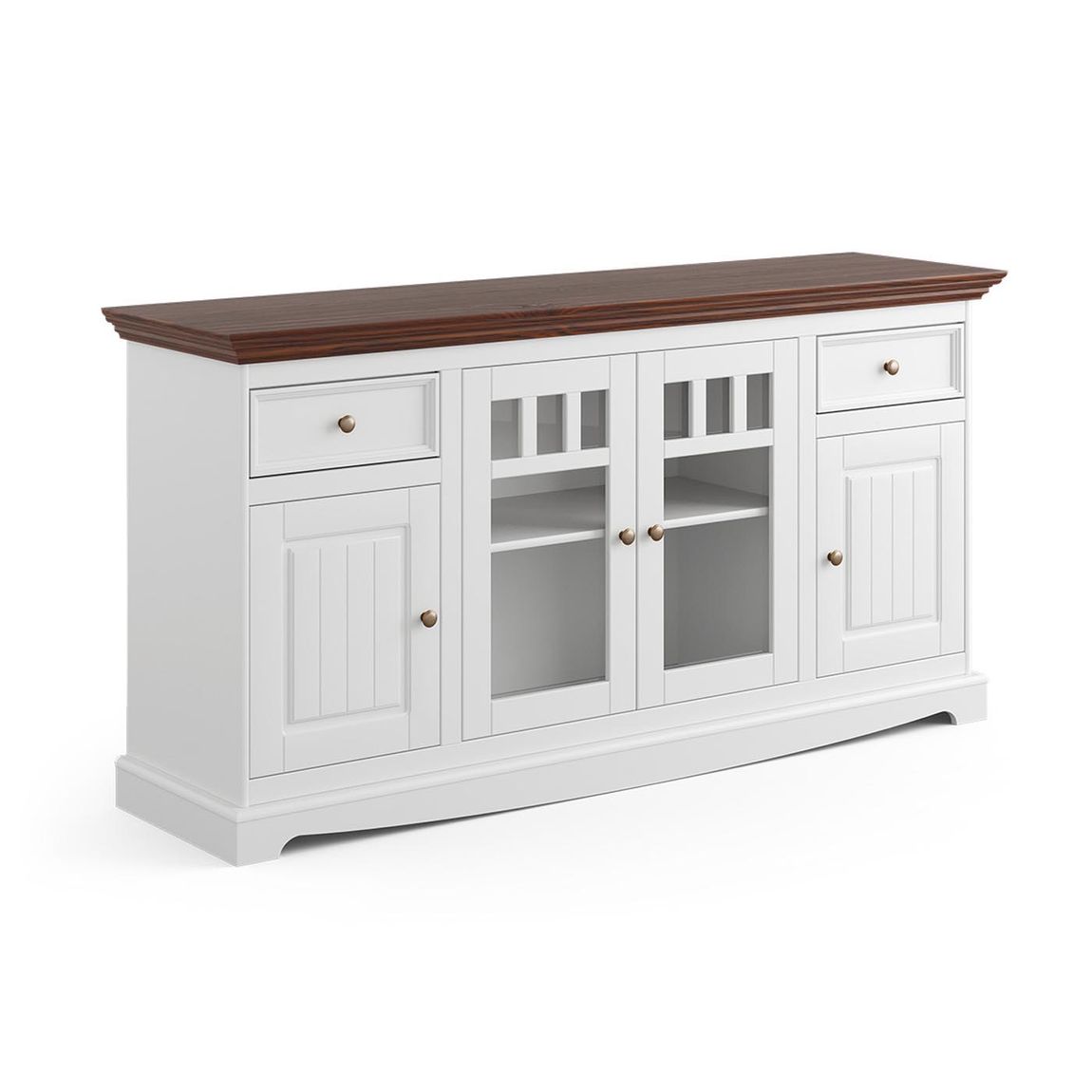 Belluno Elegante Massivholz Sideboard mit 2 Glastüren Weiß / Walnuss