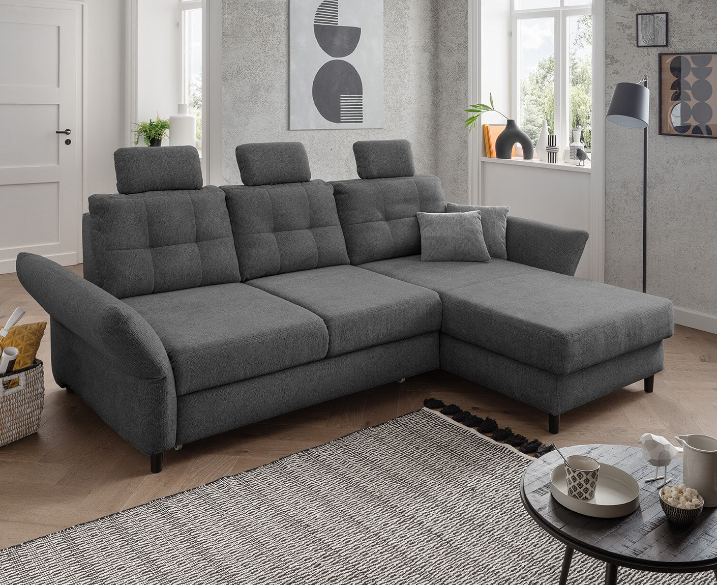 Bergamo Ecksofa 250 - 280 x 176 cm, mit Schlaffunktion und Bettkasten, Corto