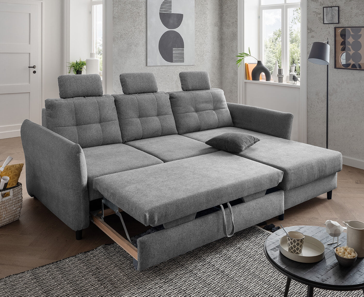 Bergamo Ecksofa 250 - 280 x 176 cm, mit Schlaffunktion und Bettkasten, Corto