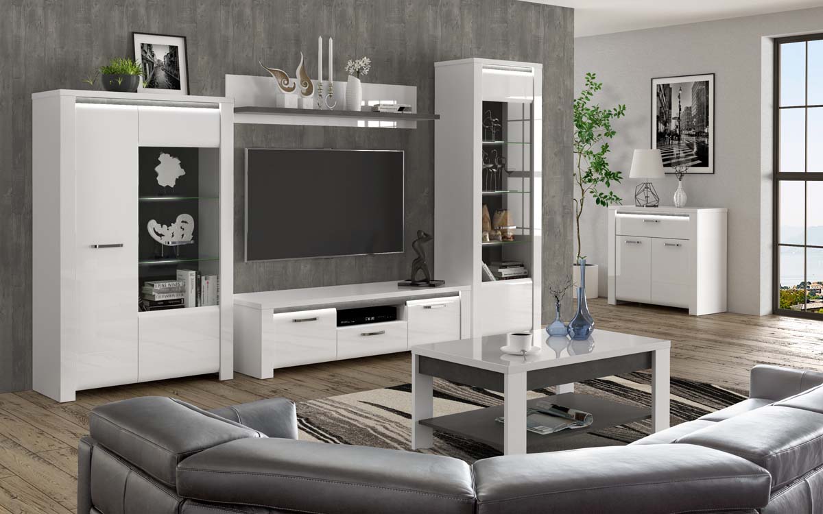 BOLTON Highboard inkl. LED-Beleuchtung Betonoptik / Weiß Hochglanz