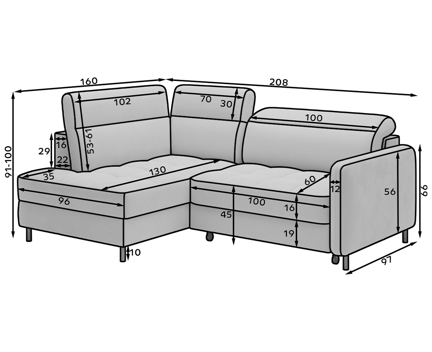 Barea Ecksofa 208x160 cm, mit Schlaffunktion und Bettkasten (Webstoff)