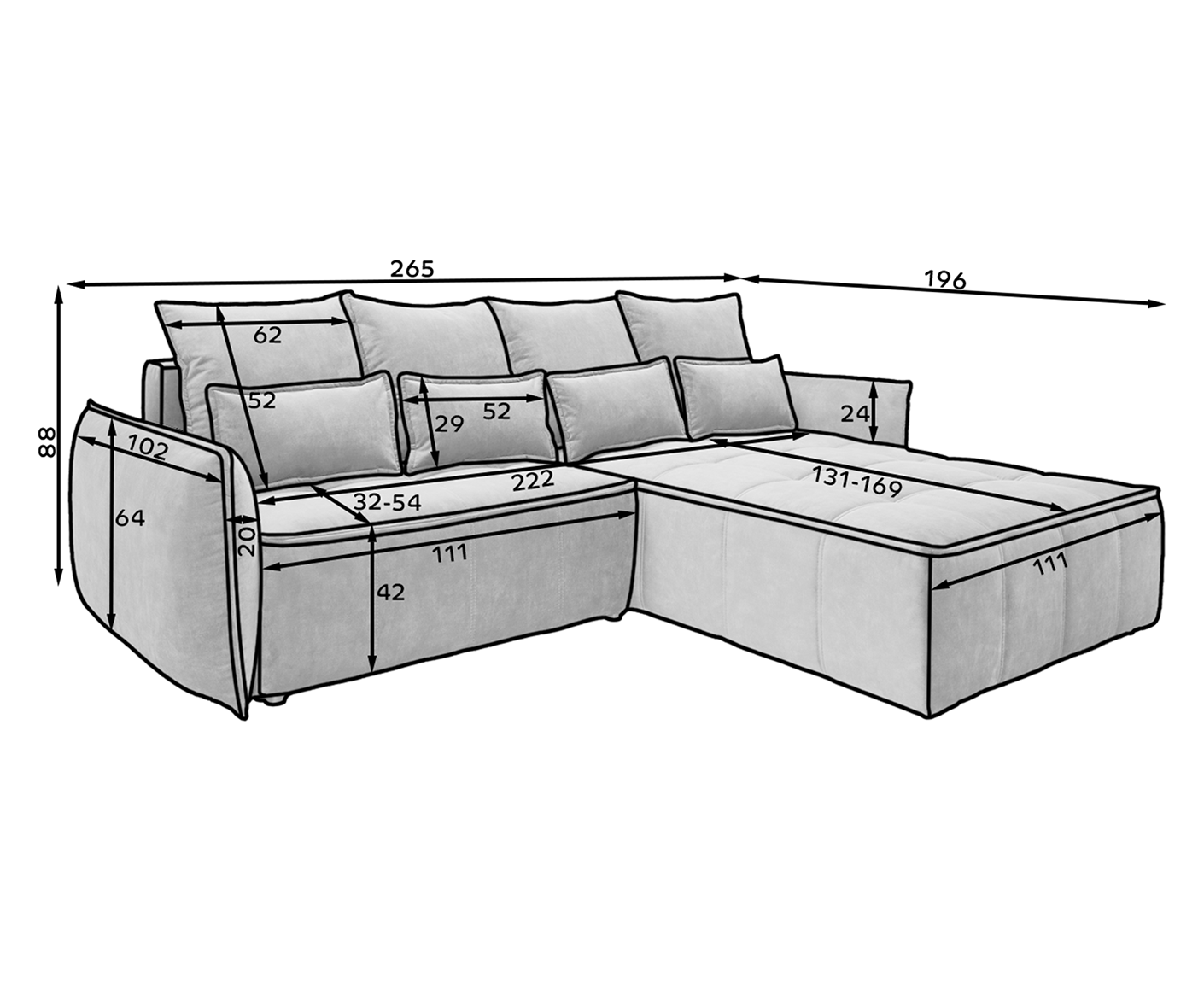 Campo Ecksofa 265x196 cm, mit Schlaffunktion und Bettkasten