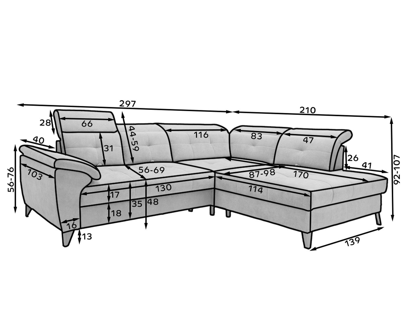 Inferne Ecksofa 297x210 cm, mit Schlaffunktion und Bettkasten