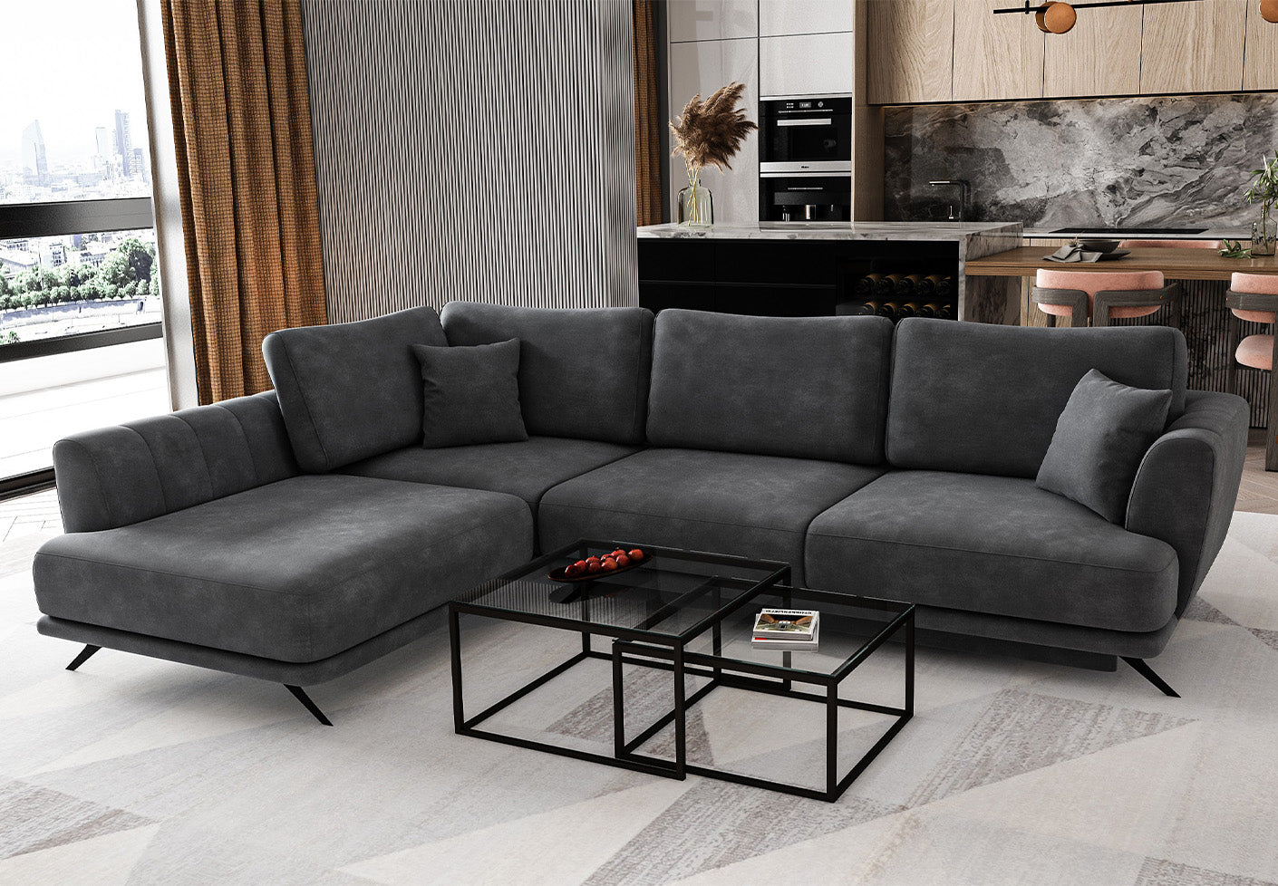 Larde Ecksofa 276 x 191 cm, mit Schlaffunktion & Bettkasten, Samt