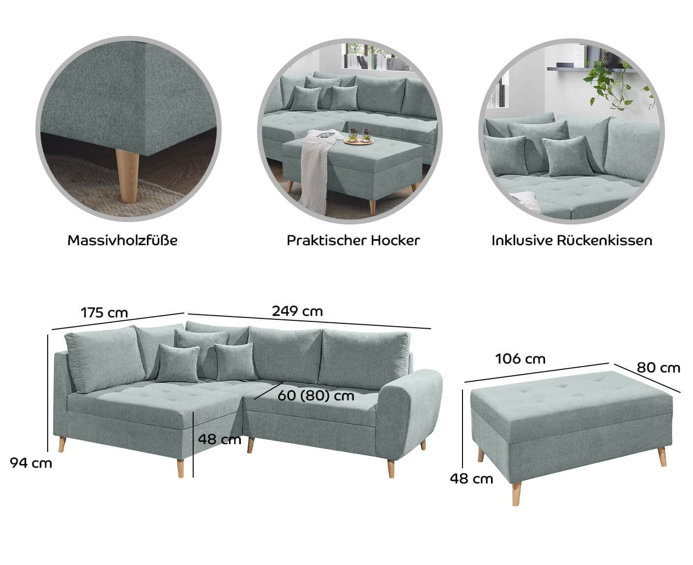 Calanda Ecksofa inkl. Hocker 249 x 175 cm (Microvelour)