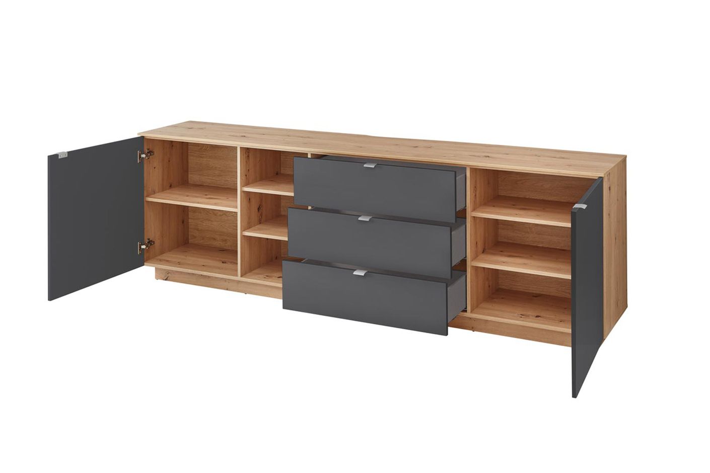 Core Sideboard mit drei offenen Fächern, Schwarz / Artisan Eiche