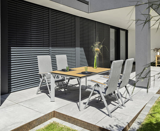 Kettler Gartenmöbelset 5-teilig, Diamond Multipositionssessel Sunbrella mit Teakarmlehnen, Gartentischgestell Diamond mit HPL Tischplatte Teakoptik Silber / Grau